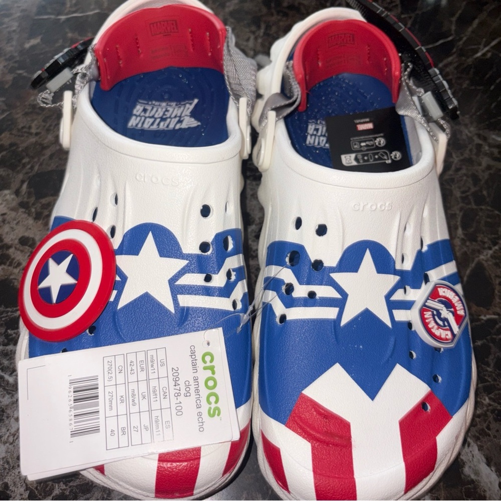 CROCS Captain America Graphic Clogs in White, Blue & Red